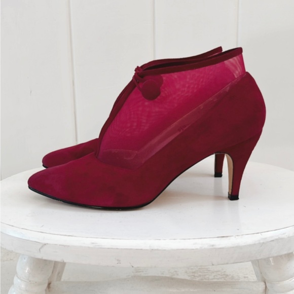 Vintage Jasmin Leather Mesh Booties Magenta Pink Heels Women 6.5 Fairycore - Picture 1 of 13